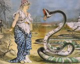Lady Liberty confronts monopolies -- in the form of a snake.